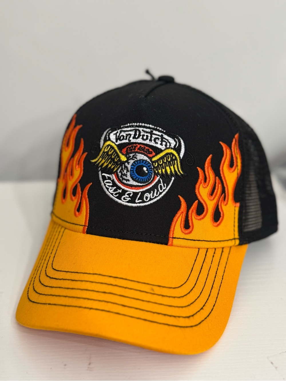 NWT Von Dutch Fast & Loud Flame Embroidered Trucker Hat- Black Orange - Limited - Picture 7 of 9